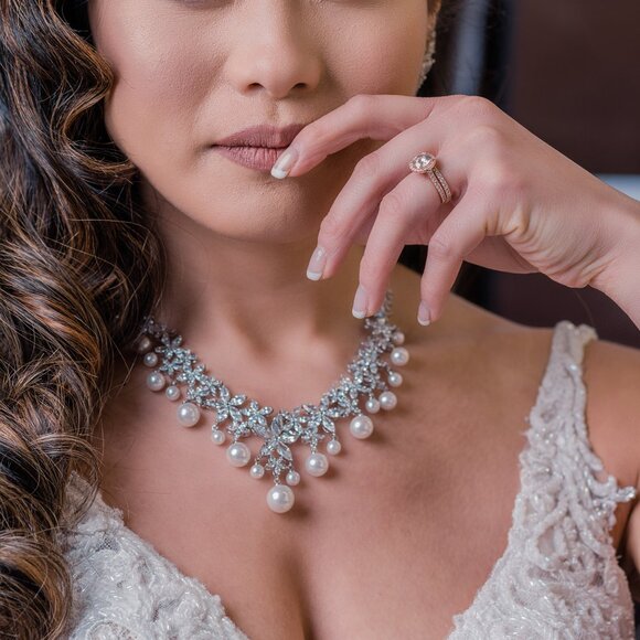 Bridal Statement Necklace & Earring Set, Cubic Zirconia and Pearl Jewelry Set - Picture 9 of 9